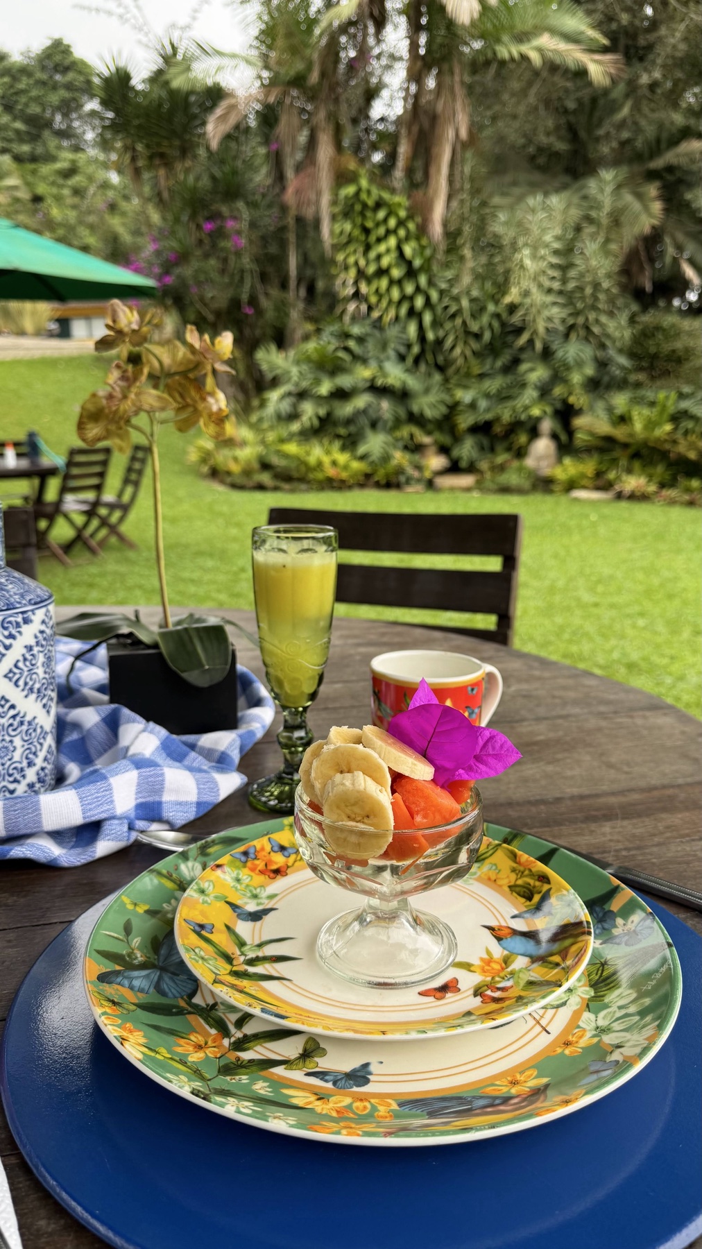 Mesa con paraguas verdes en el jardín